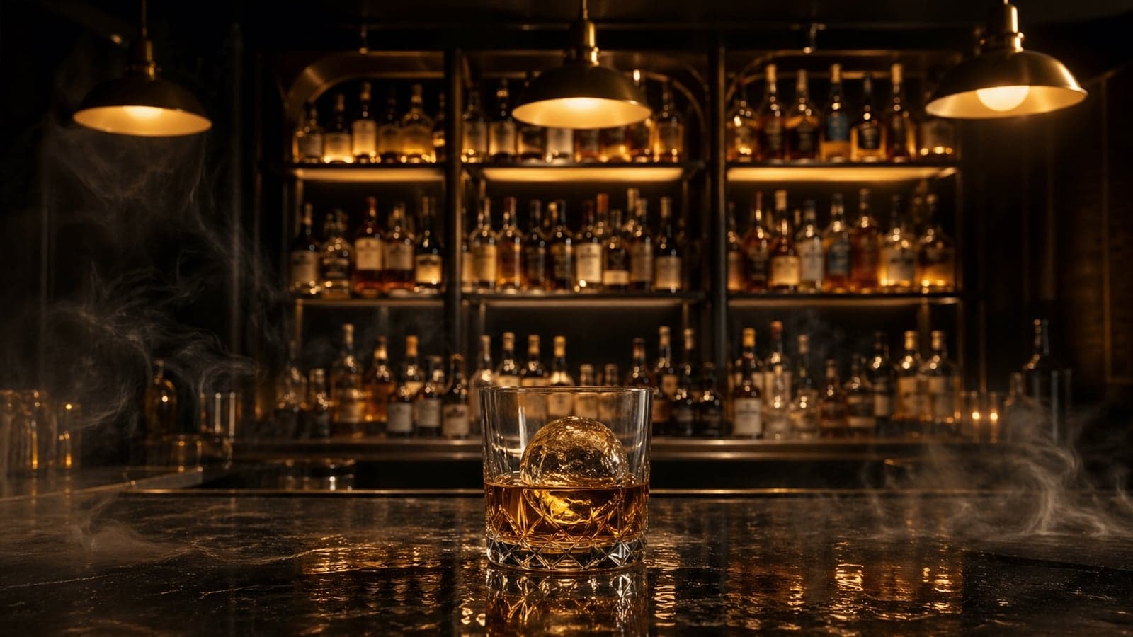 Moody after-hours bar interior with amber-lit back-bar shelves and a single rocks glass of whiskey on the polished black bar