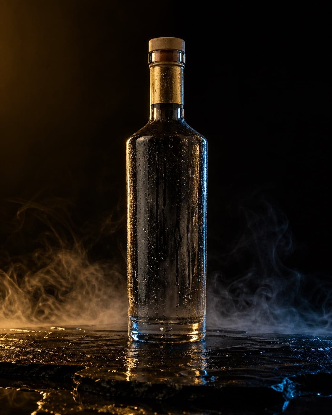 Premium spirits bottle in warm gold rim light against deep black